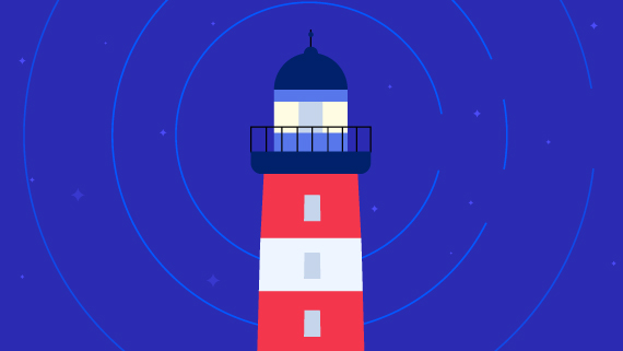 Red and White Lighthouse against blue starry sky