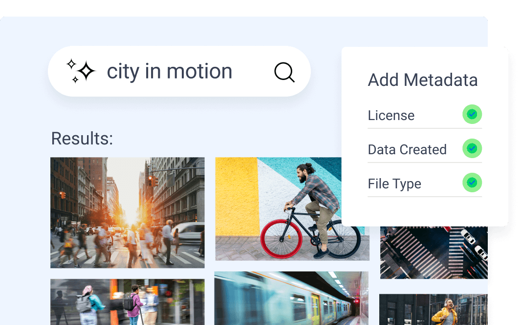 Illustration of an image search interface with the query “city in motion.” Results show various dynamic urban scenes like people walking, biking, and trains in motion. A floating panel on the right offers metadata options including License, Date Created, and File Type, all toggled on.