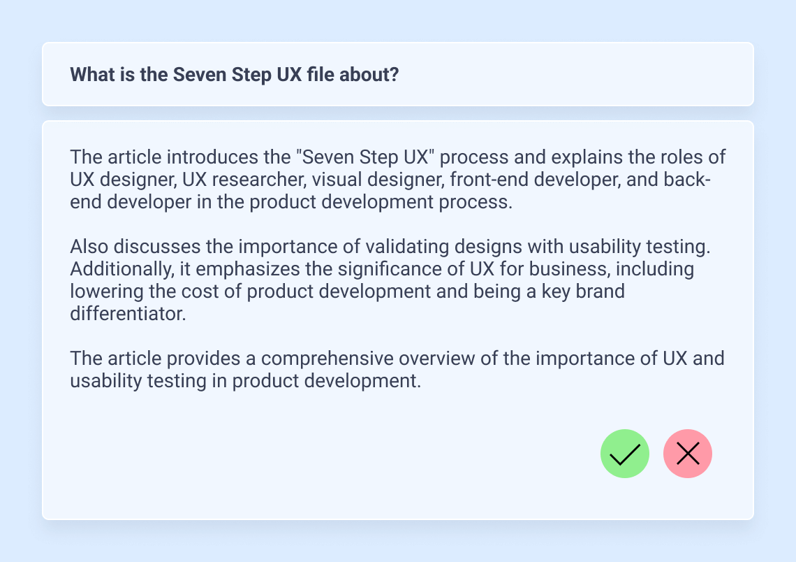 ai search and generative answer ui shown with a question/query from the user, an ai answer and a prompt to accept or deny the answer