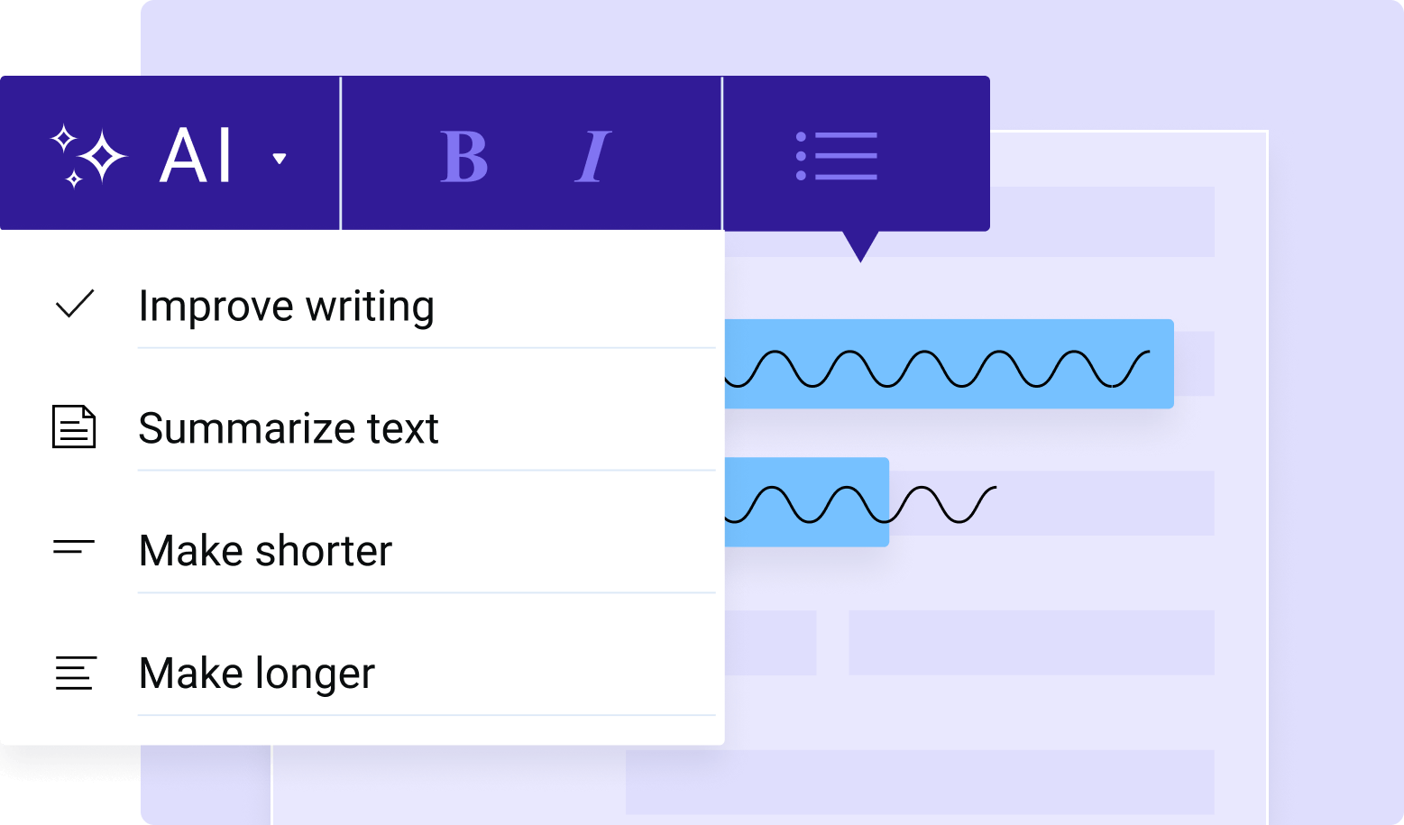 Screenshot of an AI text editor showing a dropdown menu with options to improve writing, summarize text, make shorter, or make longer, illustrating AI-powered content refinement and optimization tools.
