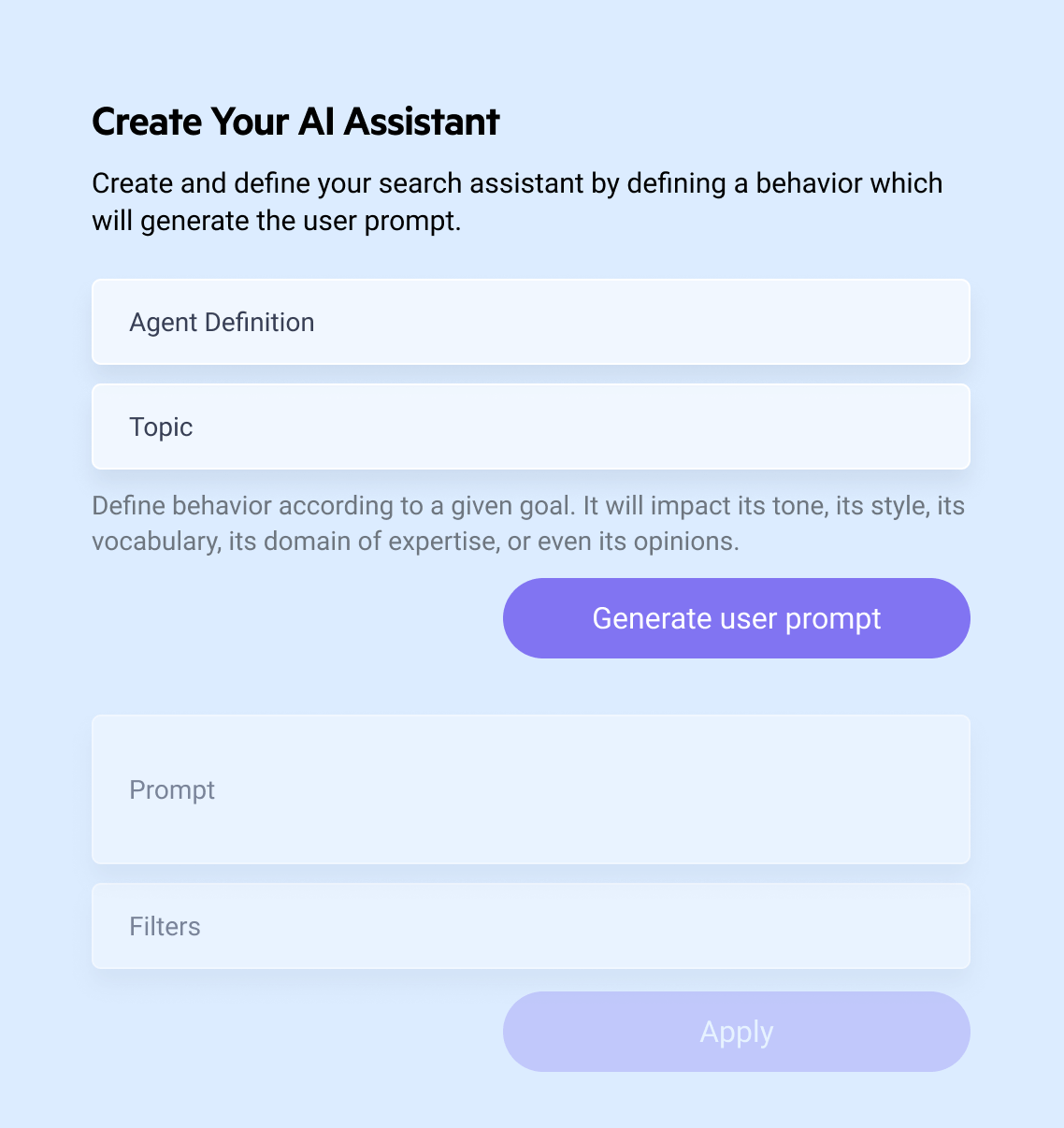 user interface shown to create an ai agent with context using rag - ai search copilot