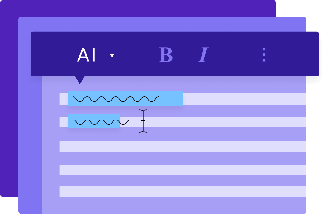 llustration of a text editor interface with an AI dropdown menu and formatting options like bold, italic, and bullet points. A section of text is highlighted with a cursor placed in the middle, suggesting AI-assisted editing or rewriting. The background shows multiple layered document windows in shades of purple.