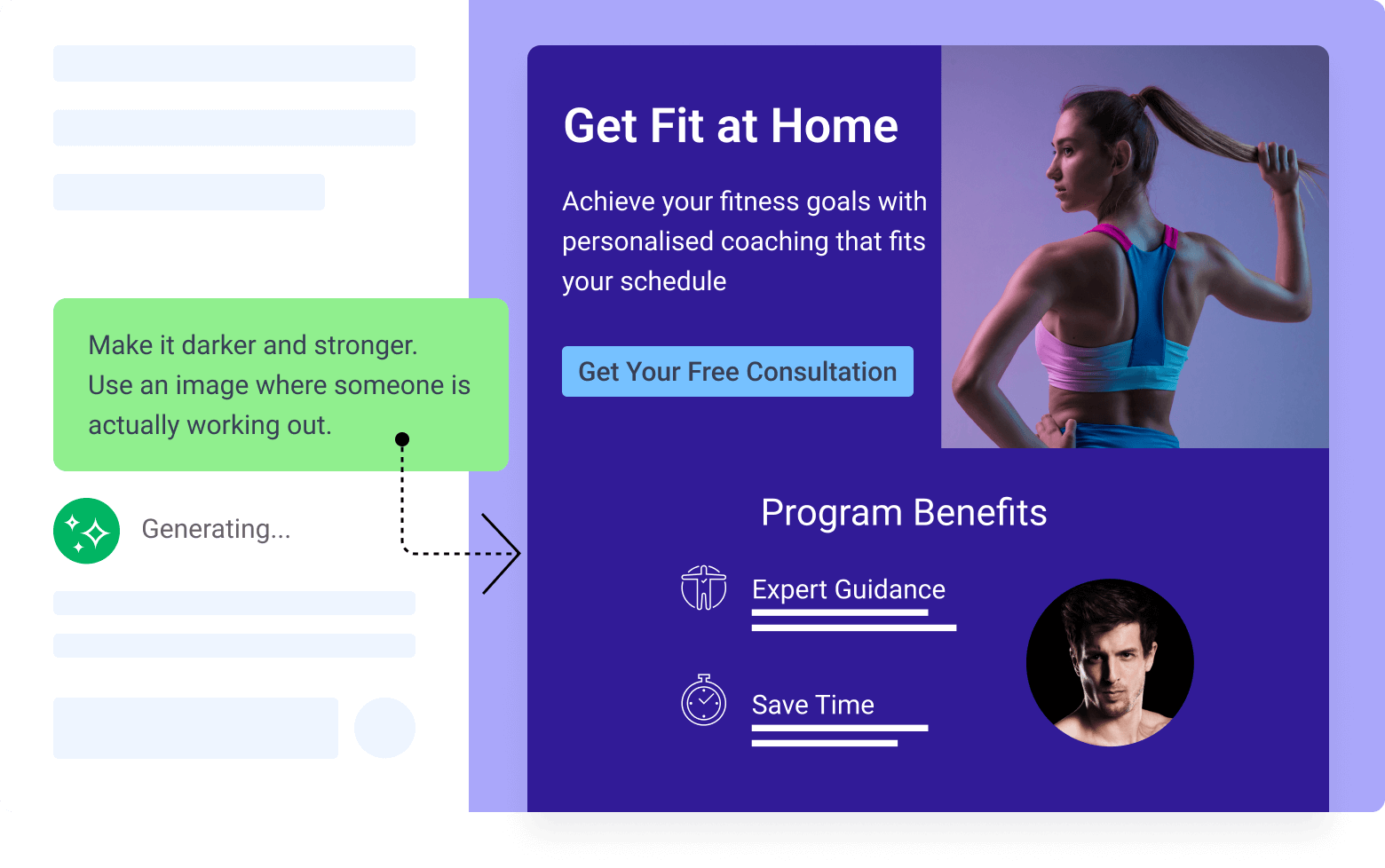Screenshot of a landing page design tool showing an iteration process, with feedback suggesting a darker image of someone working out. The updated fitness landing page displays the headline “Get Fit at Home,” a free consultation button, and program benefits like expert guidance and saving time.