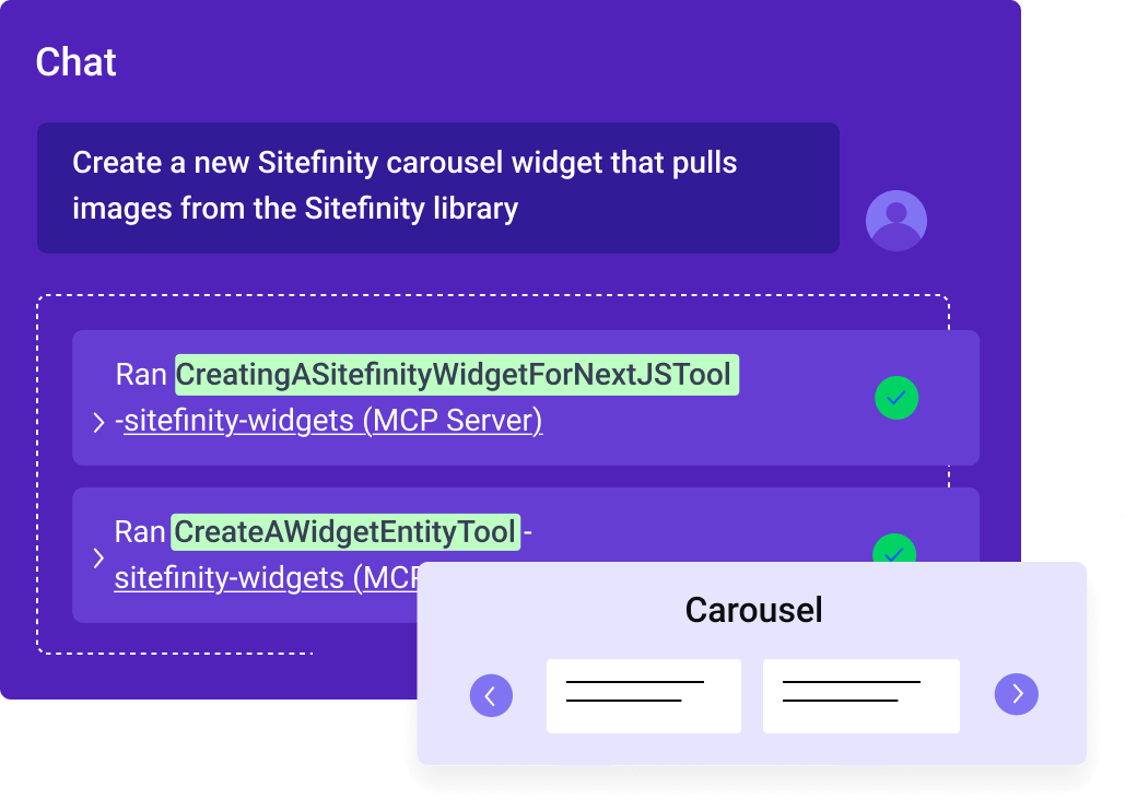 Interface showing a chatbot request to create a Sitefinity carousel widget that pulls images from the Sitefinity library, followed by two successful command executions. A small preview of the resulting image carousel widget appears at the bottom right, displaying two placeholder image cards with navigation arrows.