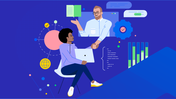 Graphic of two developers shaping hands